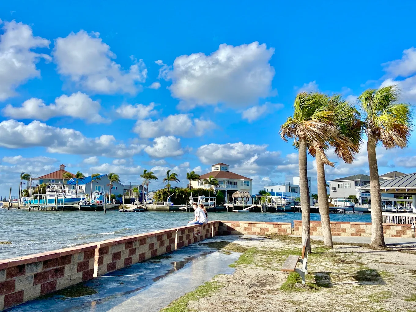Two people sit on a low brick wall by the water, with palm trees and colorful houses in the background under a blue sky with scattered clouds.