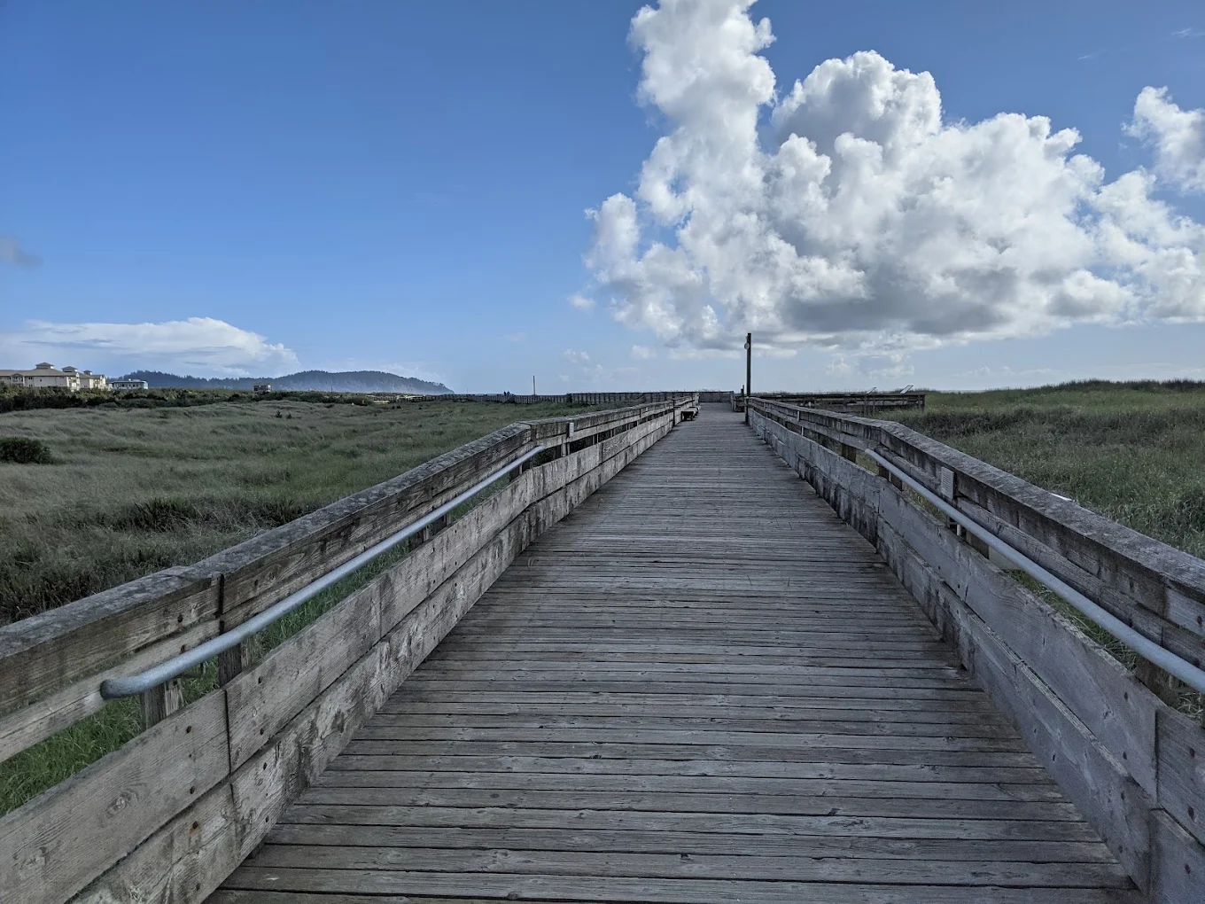 A wooden boardwalk stretches into the distance through grassy fields under a blue sky with large, fluffy clouds.