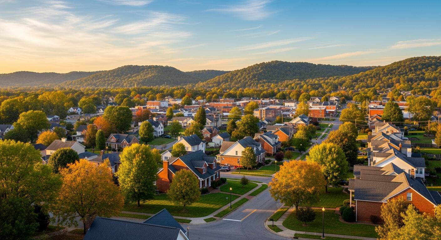 A suburban neighborhood with tree-lined streets, houses, and distant forested hills under a blue sky with clouds at sunset.