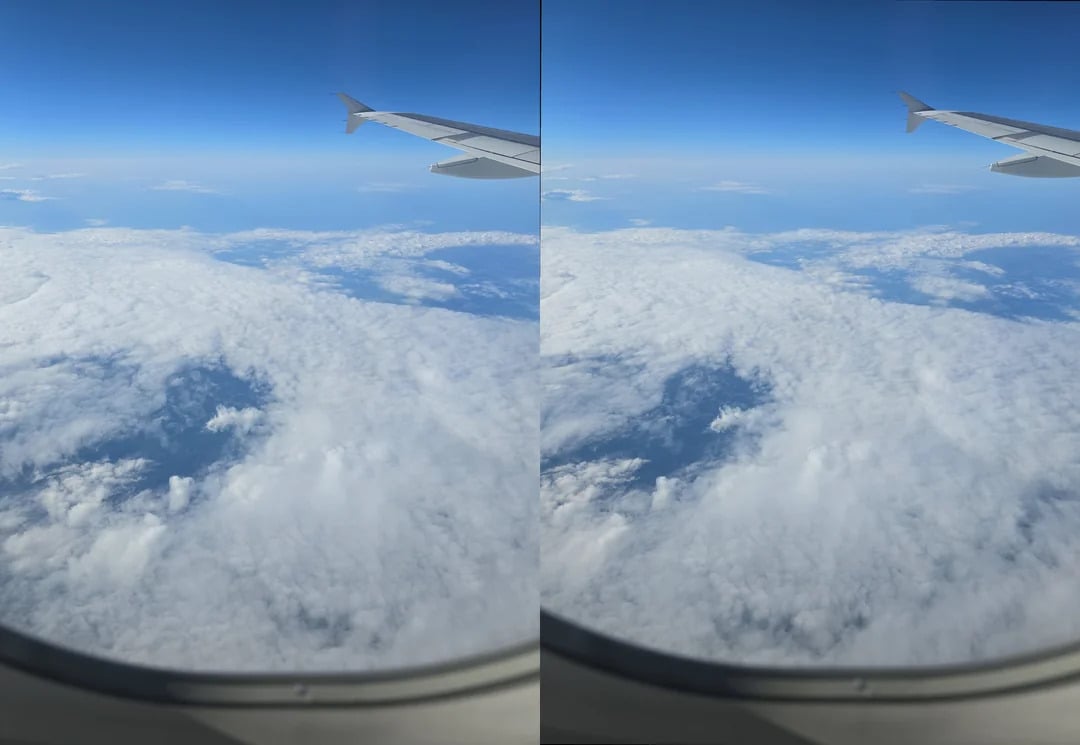 View from airplane windows showing clouds below and the airplane wing above, with clear blue sky. The image is duplicated side by side, creating a mirrored effect.