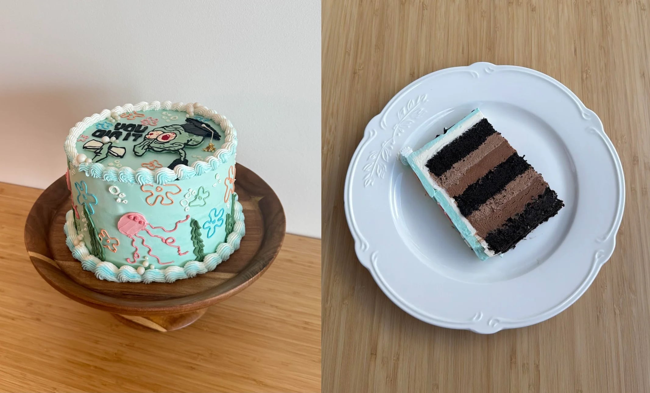A blue cartoon-themed cake with ocean designs, perfect for fans of Decadent Desserts, sits elegantly on a wooden stand beside a plate holding a slice that reveals indulgent layers of chocolate and frosting inside.