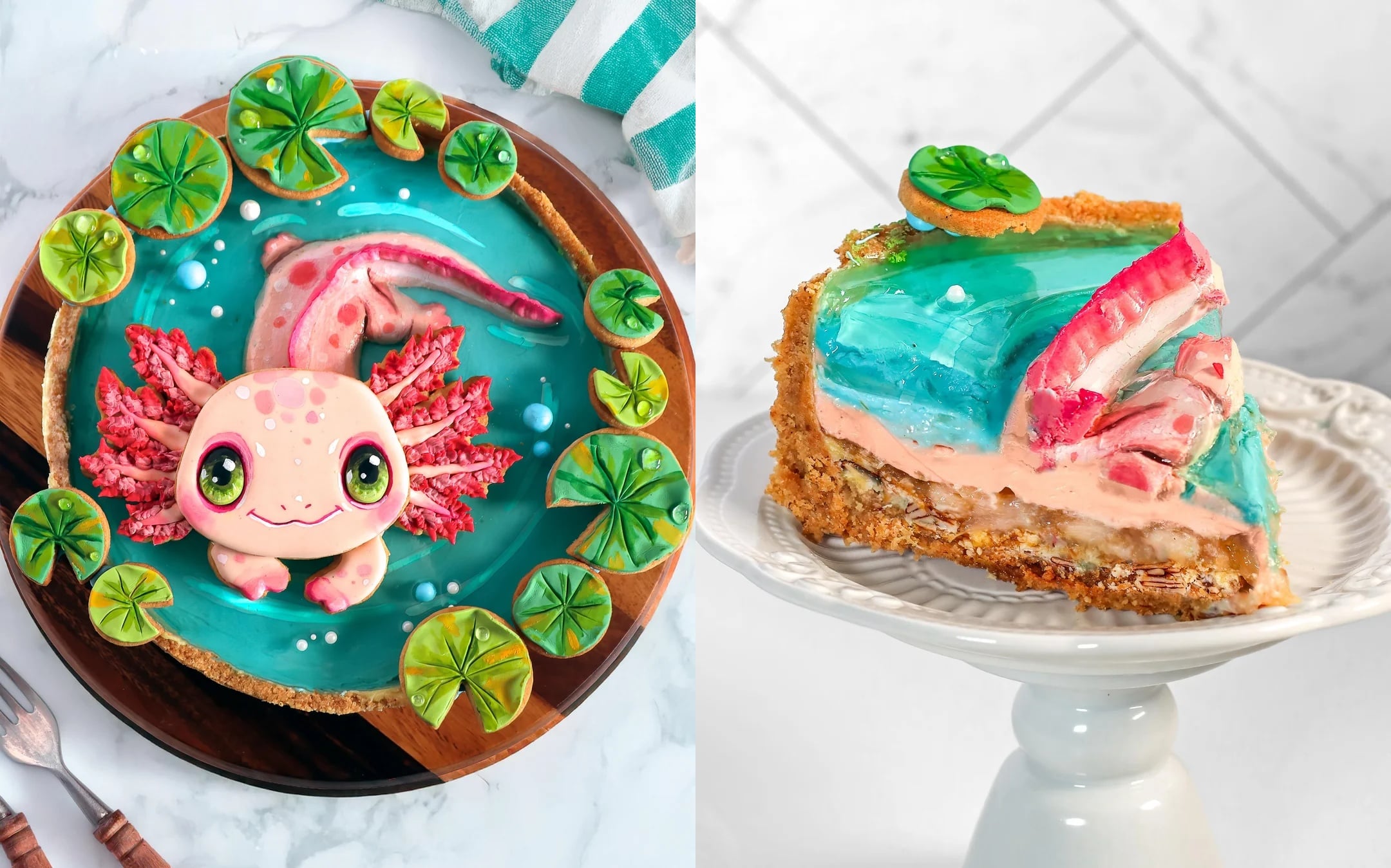 A colorful axolotl-themed cake with green lily pads, blue icing, and a cute axolotl figure—perfect for fans of Decadent Desserts. A slice shows layers of colored filling and cake on a white plate.