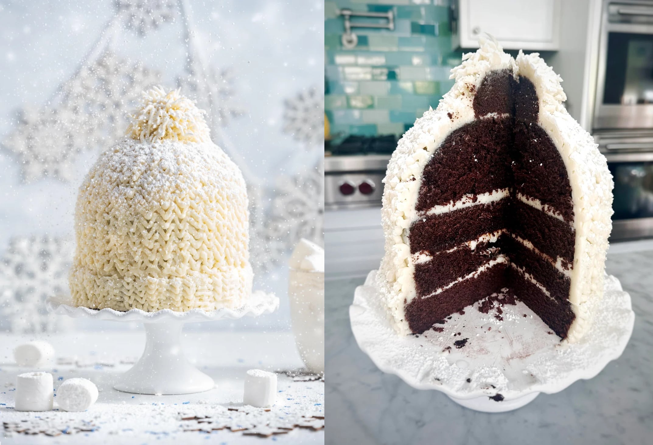A decadent dessert, this cake is decorated to look like a knitted hat dusted with powdered sugar, shown whole on the left and sliced to reveal rich chocolate layers with white frosting on the right, all beautifully displayed on a white cake stand.