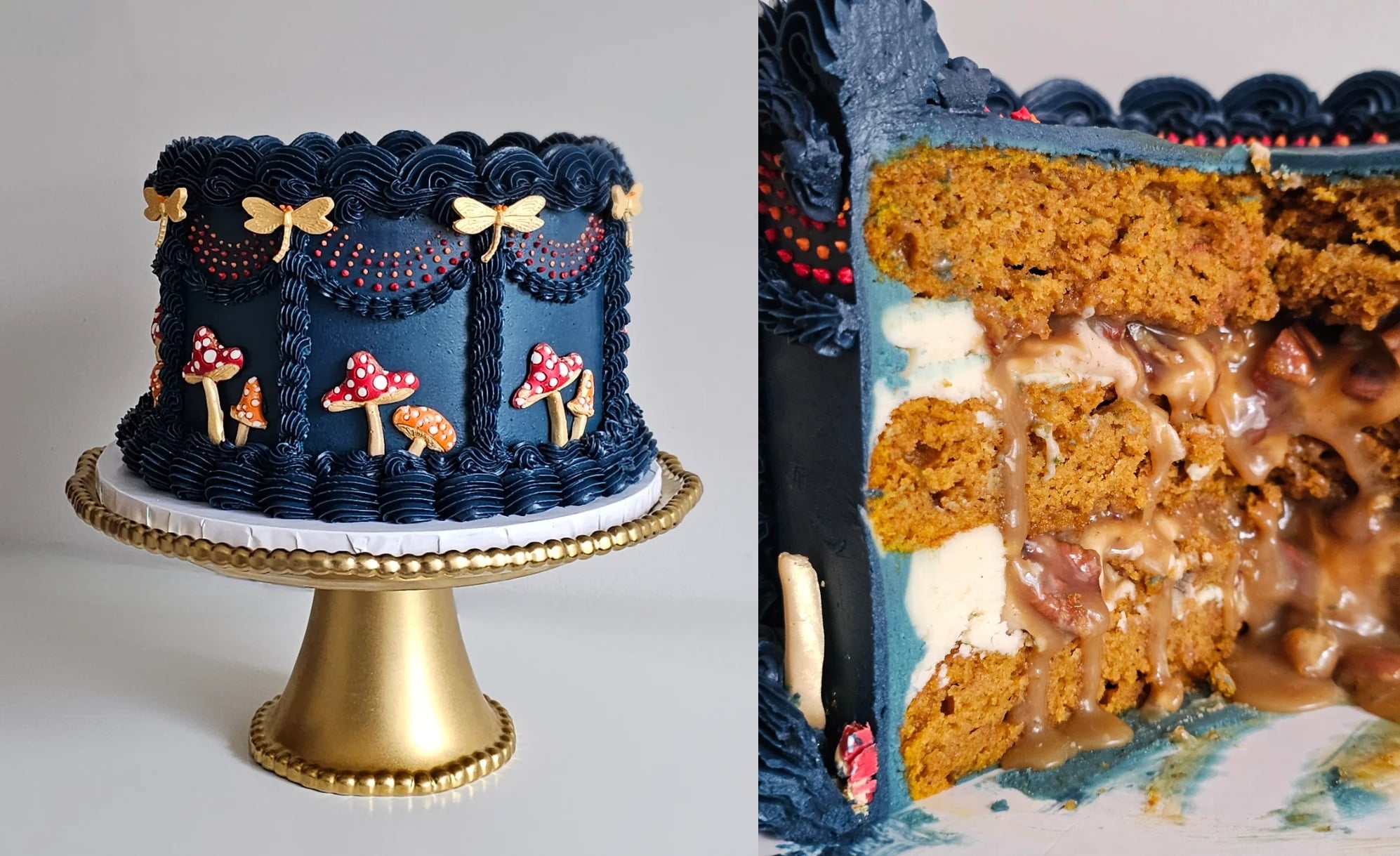 A dark blue cake with gold dragonfly and red mushroom decorations, shown whole and sliced. The inside reveals layers of yellow cake, cream, and caramel filling, displayed on a gold cake stand—a true showpiece among Decadent Desserts.