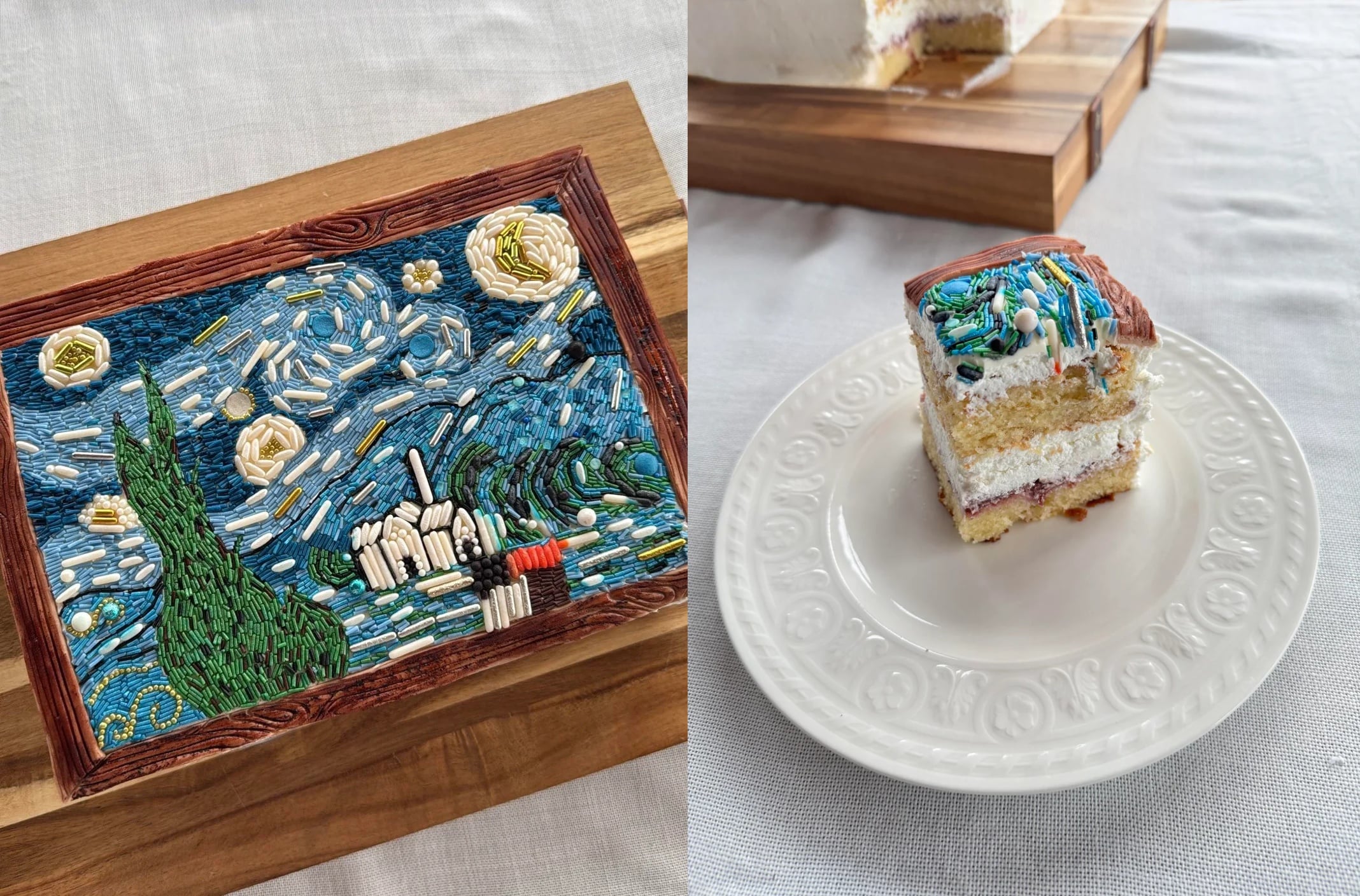 A rectangular cake decorated to look like Van Gogh’s “Starry Night” is displayed whole on a board, alongside a sliced piece on a white plate that reveals vanilla layers with cream and fruit filling inside—a true masterpiece among Decadent Desserts.