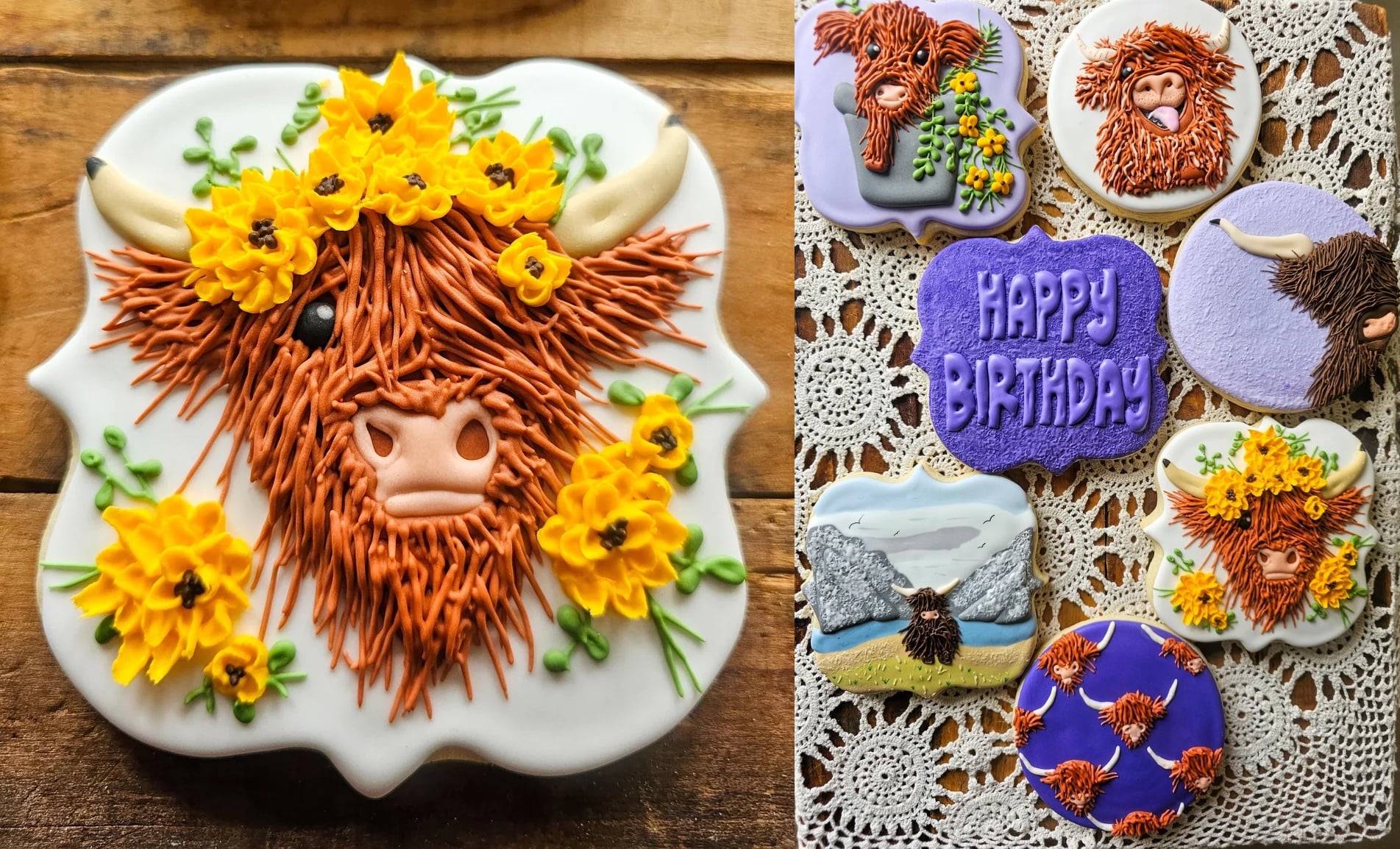 Decorated cookies feature highland cows with shaggy fur, yellow flowers, scenic backgrounds, and a purple “Happy Birthday” cookie, all arranged on a lace-patterned surface.