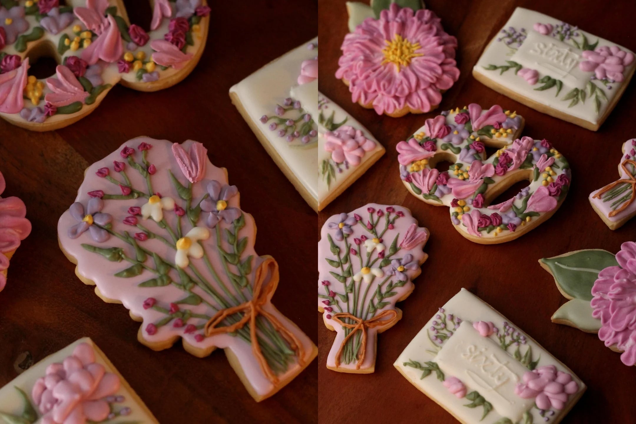 Decorated cookies shaped like flowers, bouquets, and rectangles with floral designs and the word “SEND.” The icing is pastel-colored with intricate piped details, arranged on a wooden surface.