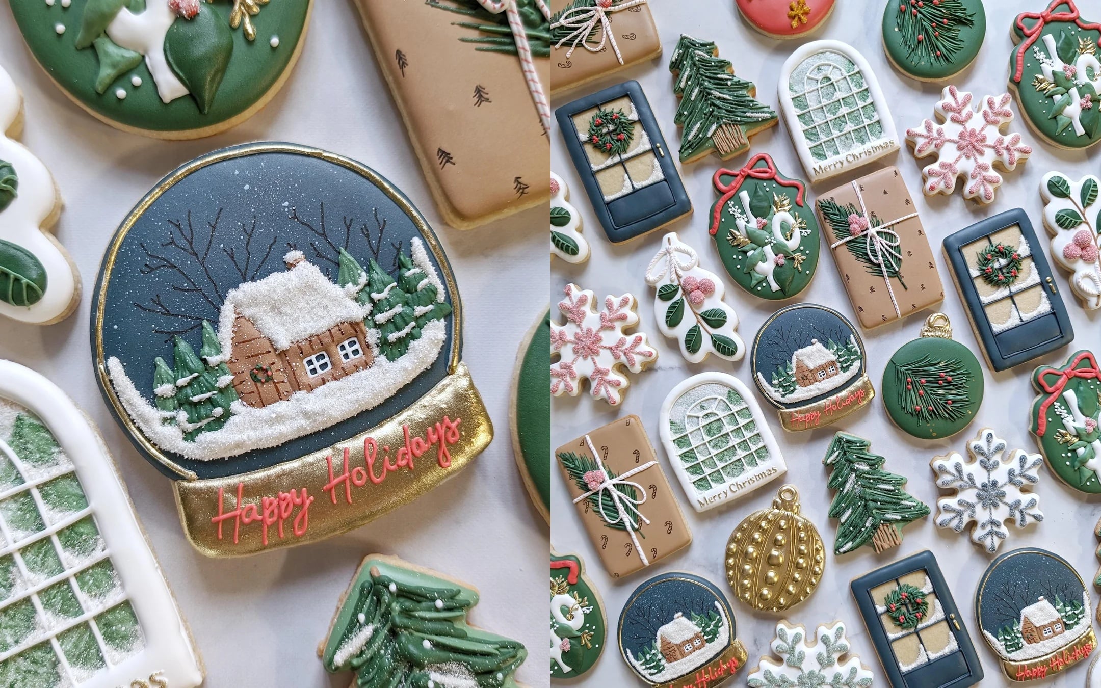 Decorative holiday cookies shaped like snow globes, wreaths, trees, gifts, windows, and mistletoe, all intricately iced with festive designs in green, white, gold, blue, and pink.