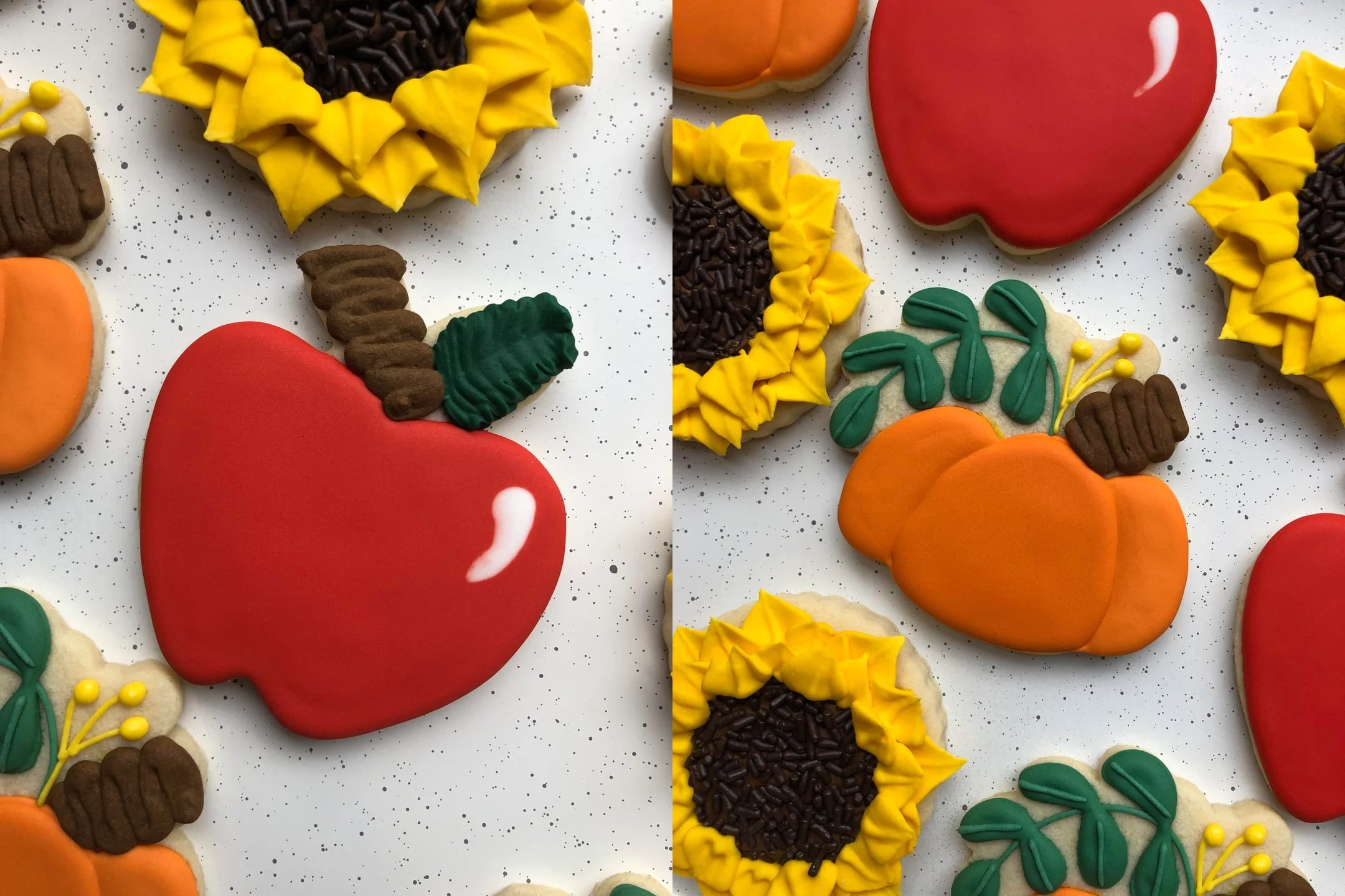 Decorated sugar cookies shaped like red apples, orange pumpkins, and yellow sunflowers with green leaves, arranged on a speckled white background.