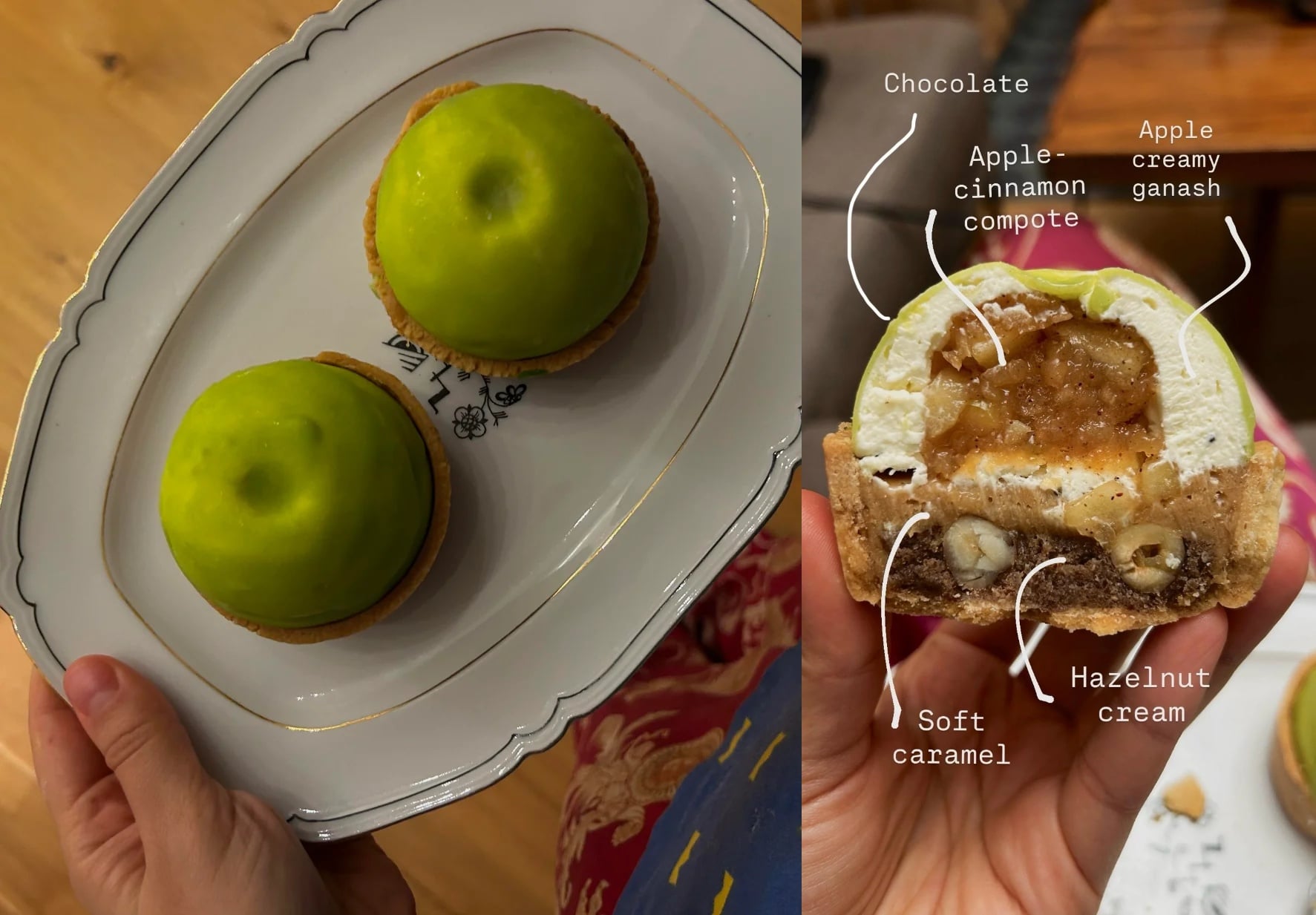 Two green, apple-shaped decadent desserts are presented on a plate. Beside them, a labeled cross-section reveals exquisite layers: chocolate, apple-cinnamon compote, apple creamy ganache, hazelnut cream, and soft caramel.