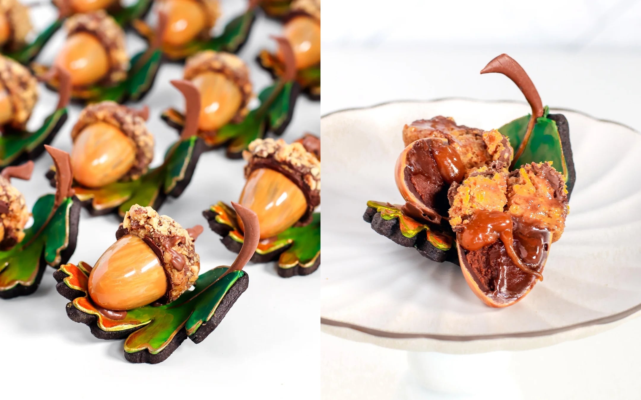 Several decadent desserts, acorn-shaped with chocolate and caramel details, sit on leaf-shaped cookies; one image shows a close-up of a dessert on a white plate.
