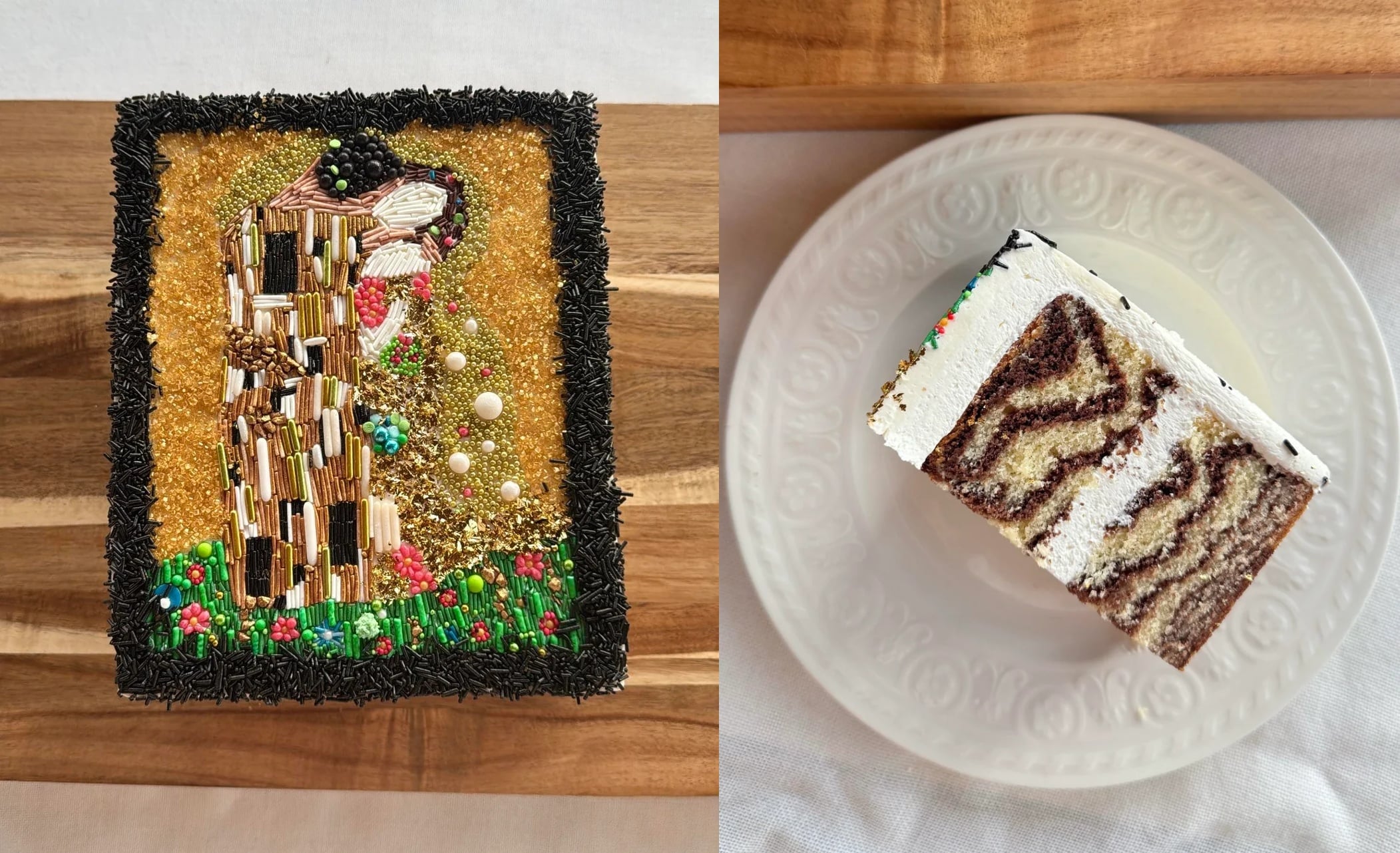 A rectangular cake decorated to resemble Gustav Klimt’s “The Kiss,” with colorful sprinkles and beads, sits next to a slice showing marbled layers on a white plate—a true masterpiece for lovers of decadent desserts.