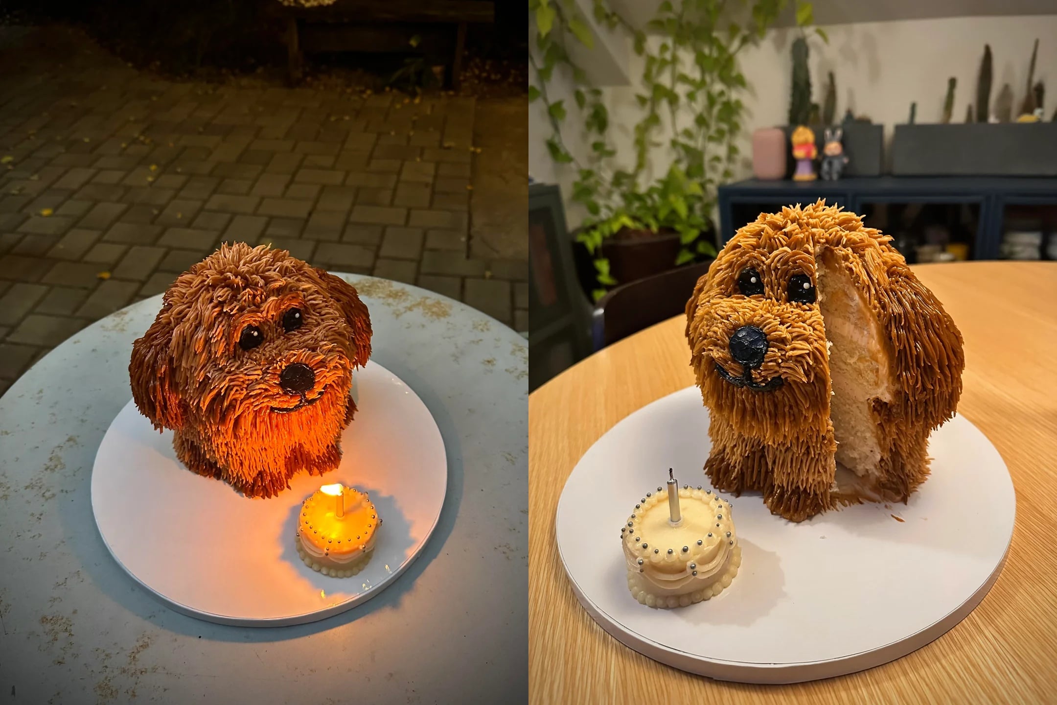 Two images of a decadent dessert in the shape of a dog: one shows the cake whole with a lit candle in front; the other shows it partially sliced with an unlit candle, revealing the cake’s inner layers.