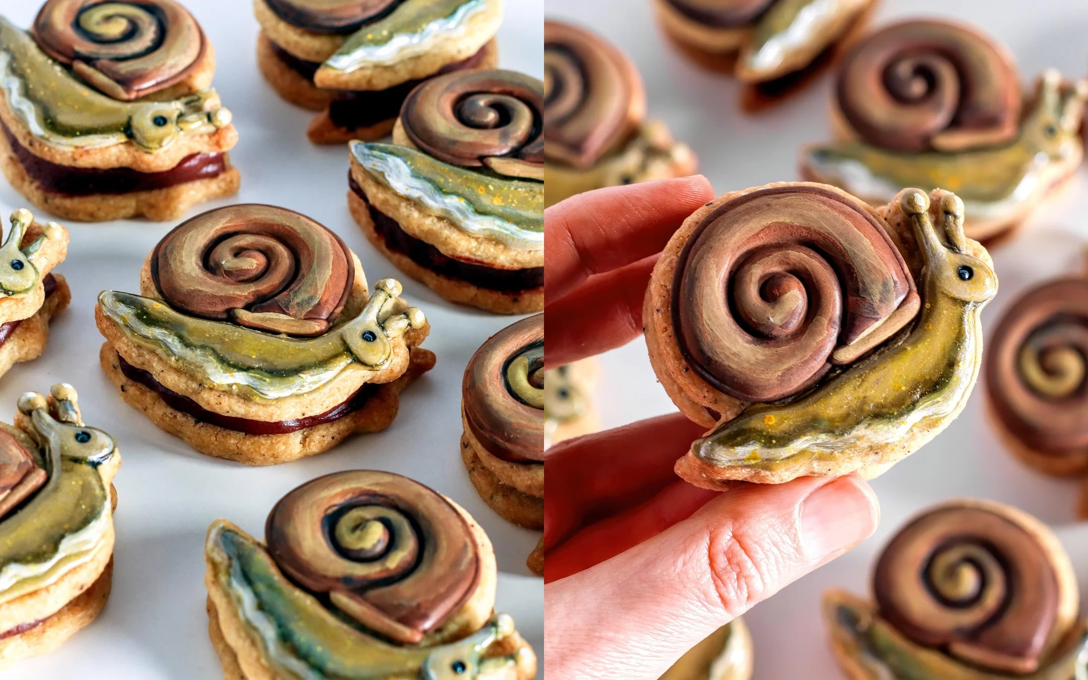 Hand-decorated cookies shaped like snails with brown and green icing make these Decadent Desserts truly eye-catching. One cookie is held up close, showing detailed icing, while others are arranged on a white surface in the background.