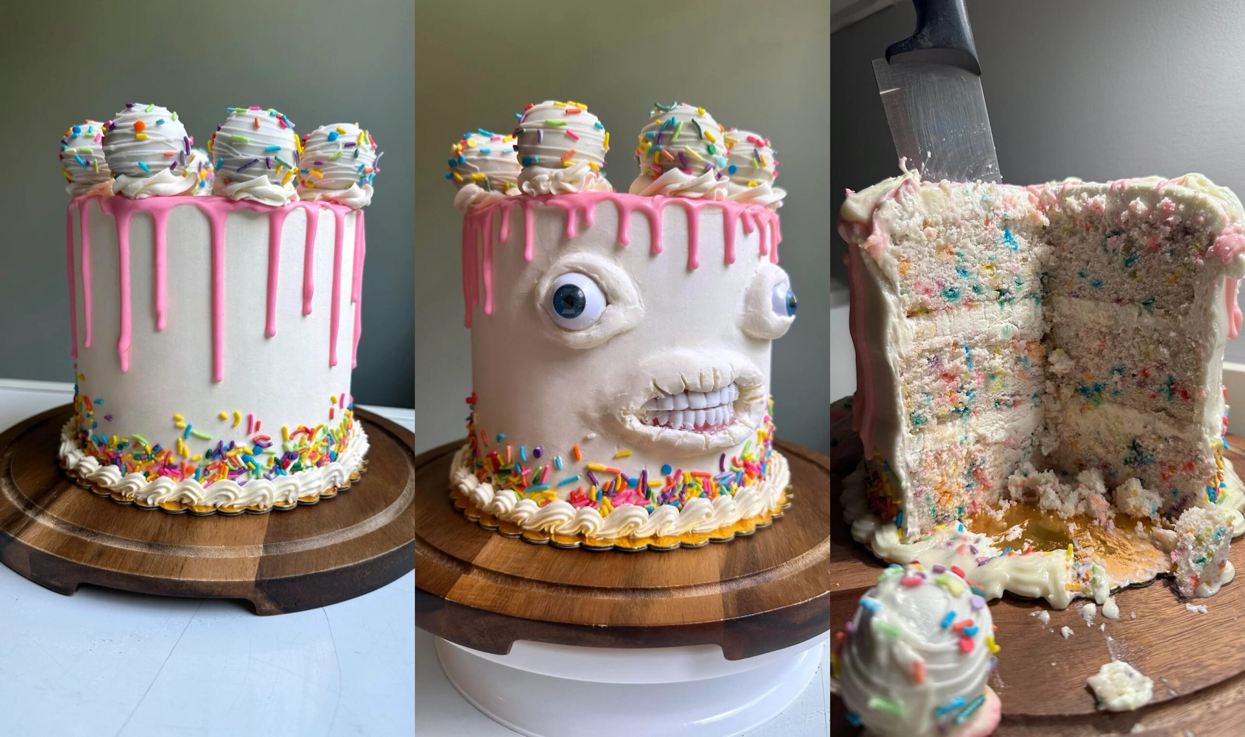 Three-panel image: a tall cake with pink drips, colorful sprinkles, googly eyes, and a toothy mouth—an irresistible masterpiece from the world of Decadent Desserts—topped with sprinkled cake balls; last panel shows the cake sliced to reveal funfetti layers inside.