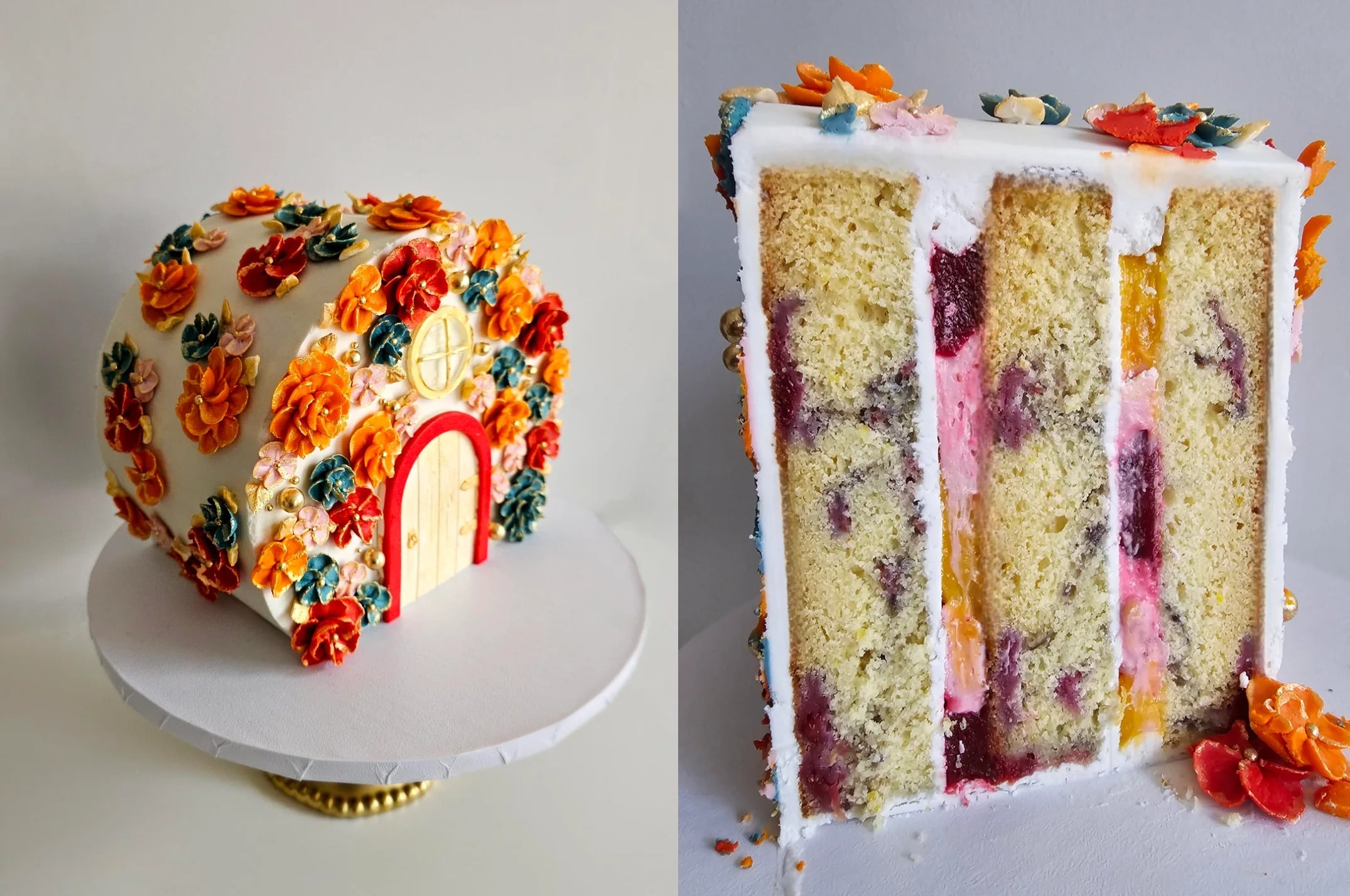 A cake decorated with colorful buttercream flowers and a door, resembling a house, captures the charm of decadent desserts; the slice reveals yellow cake with fruit and cream layers inside.