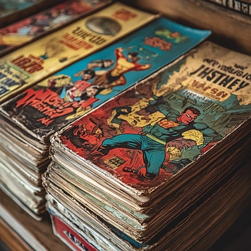A stack of vintage comic books with colorful, illustrated covers featuring superheroes is shown on a wooden surface. The comics appear worn and aged, with some covers partially visible.