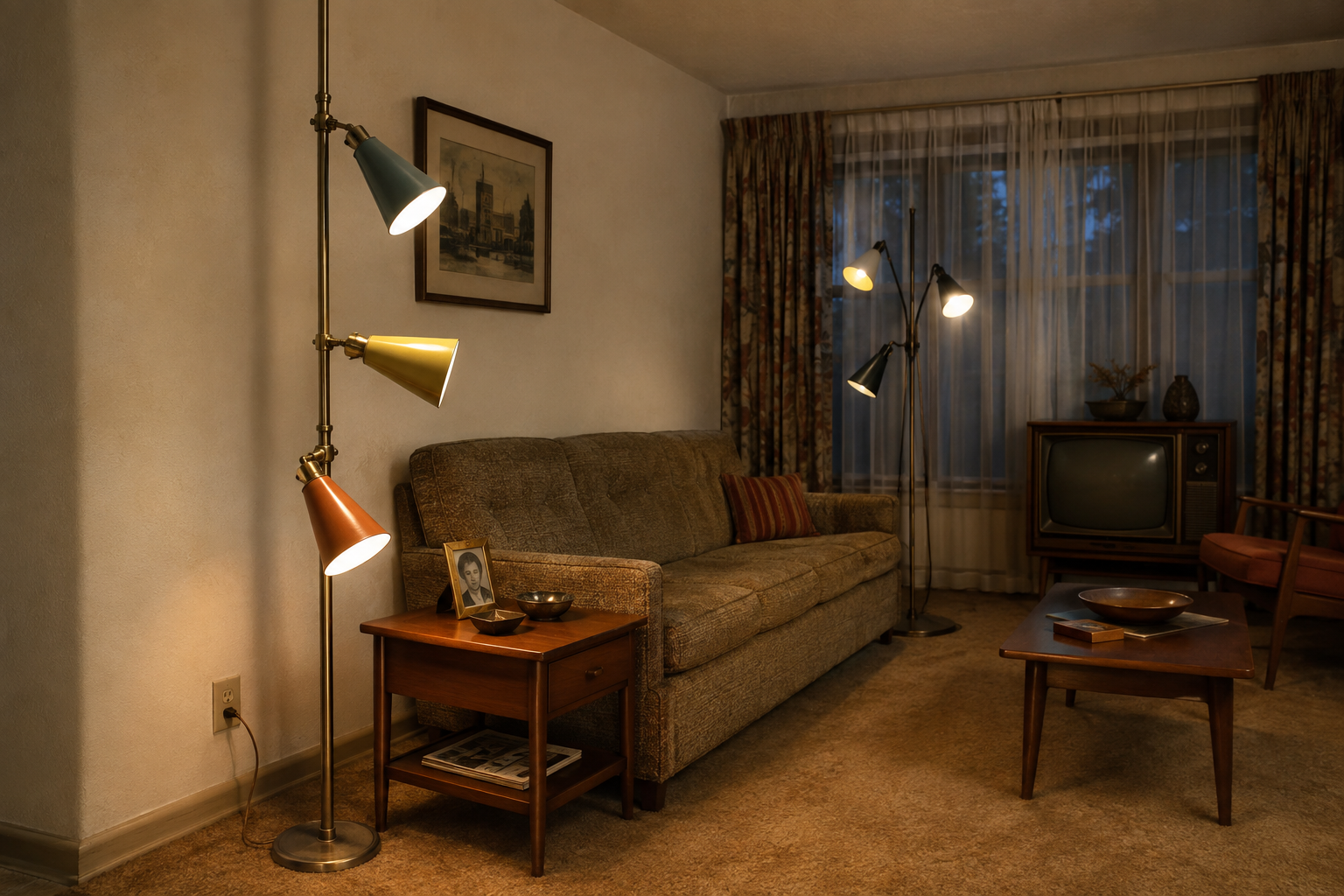 A vintage living room with a brown sofa, standing lamps, old TV, coffee table, and side table with a framed photo. Curtains cover large windows in a cozy, softly lit space.