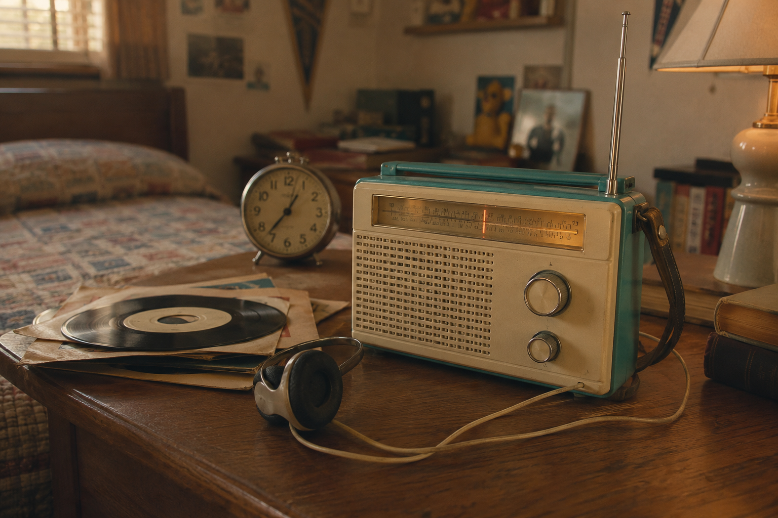 A vintage radio, vinyl record, headphones, and an old clock sit on a wooden desk in a cozy, warmly lit bedroom.