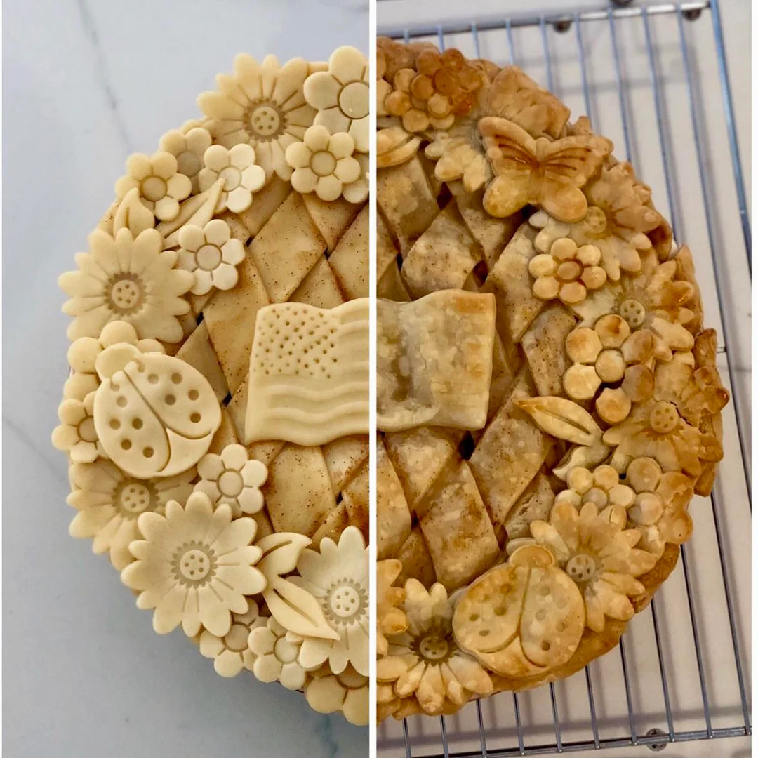 A round pie with a lattice crust, decorated with intricate dough cut-outs of flowers, leaves, butterflies, ladybugs, and a waving flag. The image shows the pie before and after baking.