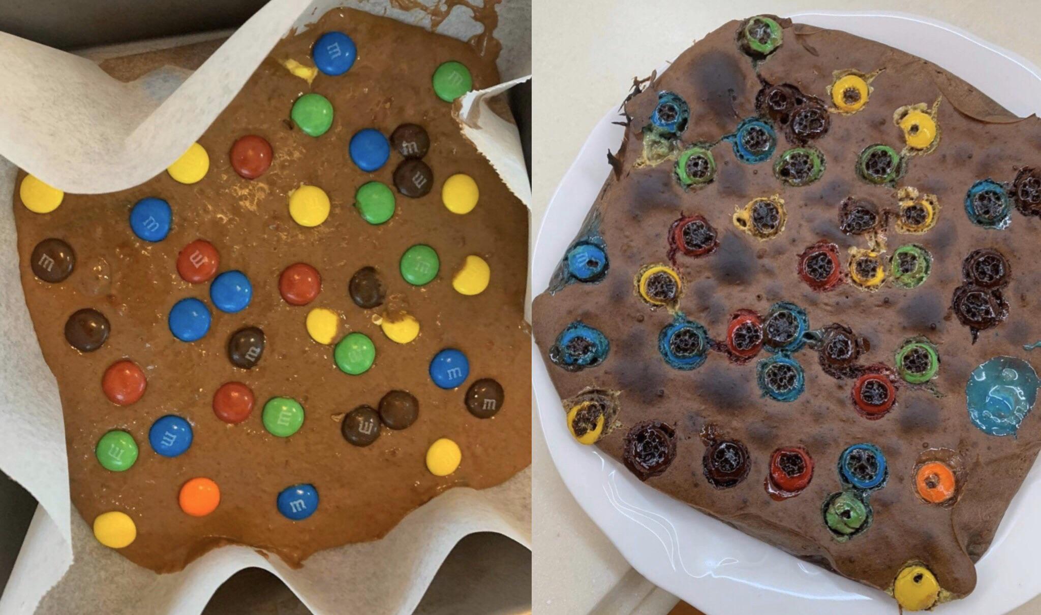 Unbaked and baked chocolate brownie topped with colorful M&Ms. The left side shows the raw batter in a pan, while the right side shows the finished, baked brownie on a plate.