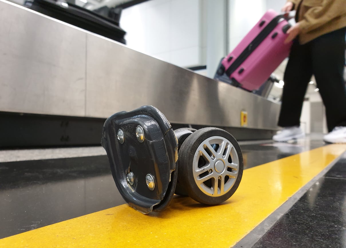 A broken suitcase wheel lies on the floor near an airport baggage carousel, with a person pulling a pink suitcase in the background.