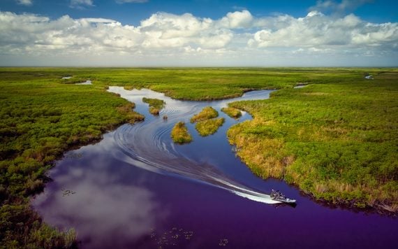 A small motorboat speeds along a winding river surrounded by lush green wetlands under a partly cloudy sky.