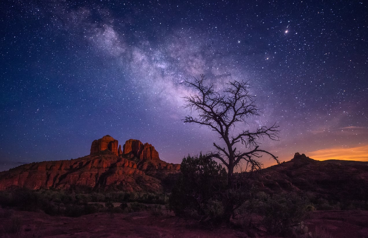 A starry night sky with the Milky Way above red rock formations and a leafless tree in the foreground, likely in a desert landscape at dusk—a breathtaking scene that captures the magic of a vacation beneath cosmic skies.