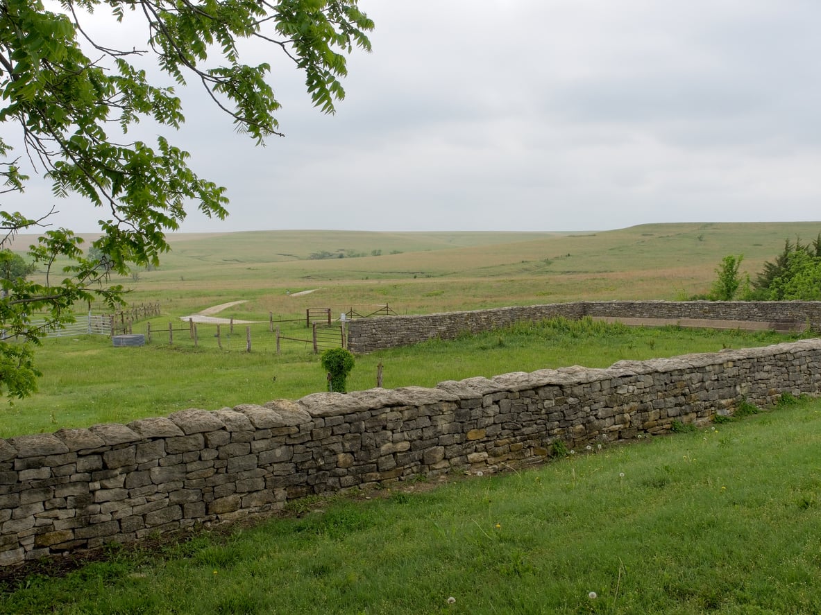 A stone wall runs through grassy fields under a cloudy sky, with fences and sparse trees in the background on gently rolling plains.