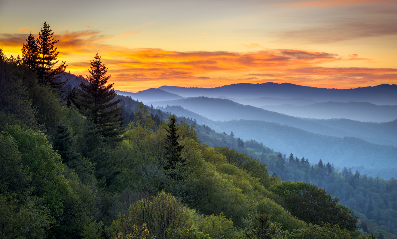 Layers of tree-covered mountains with mist between ridges at sunrise, featuring vibrant orange and yellow clouds in the sky.