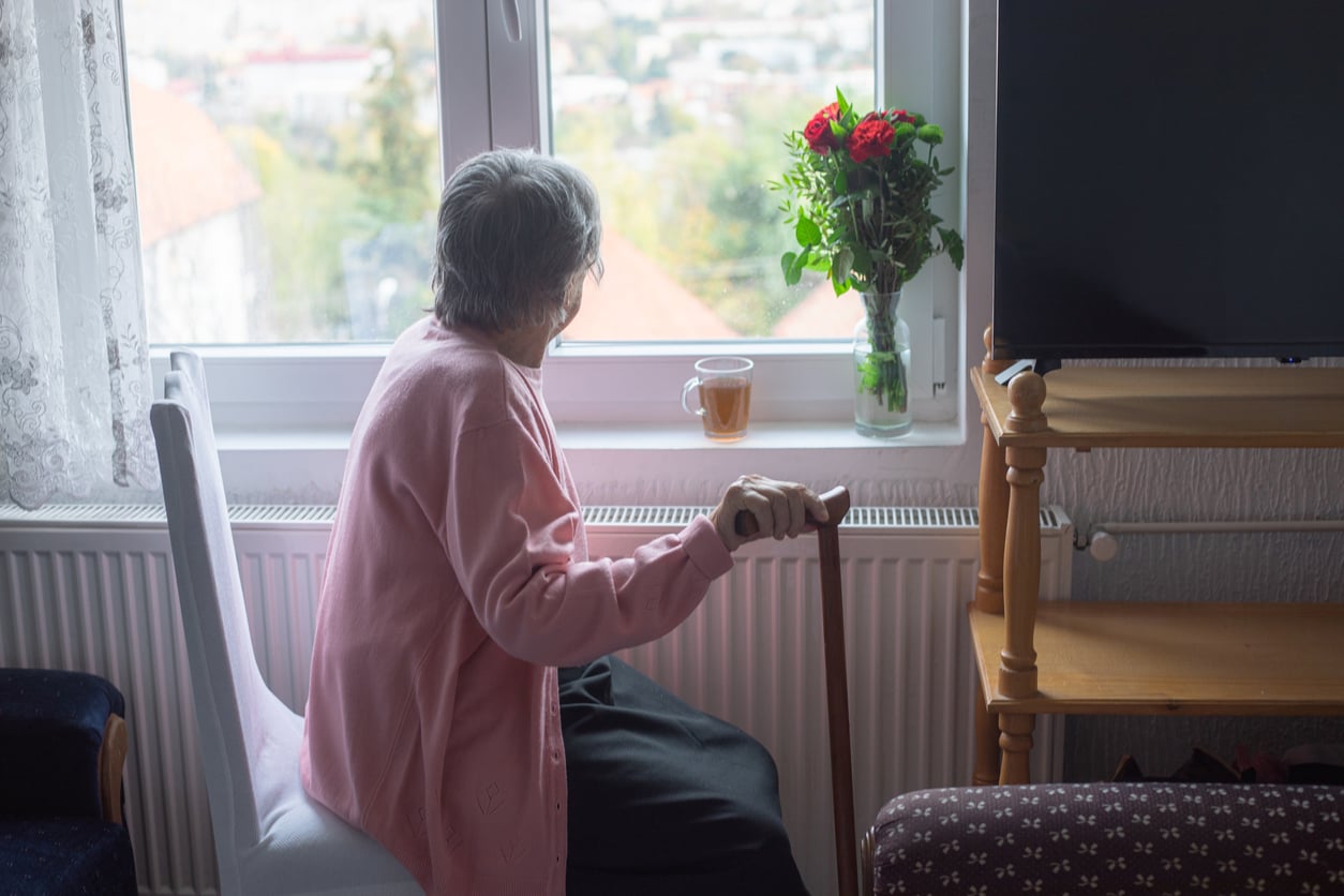 An elderly person in a pink sweater sits by a window, looking outside while holding a cane. A cup of tea and a vase of red flowers are on the windowsill. The scene suggests a quiet, reflective moment indoors.