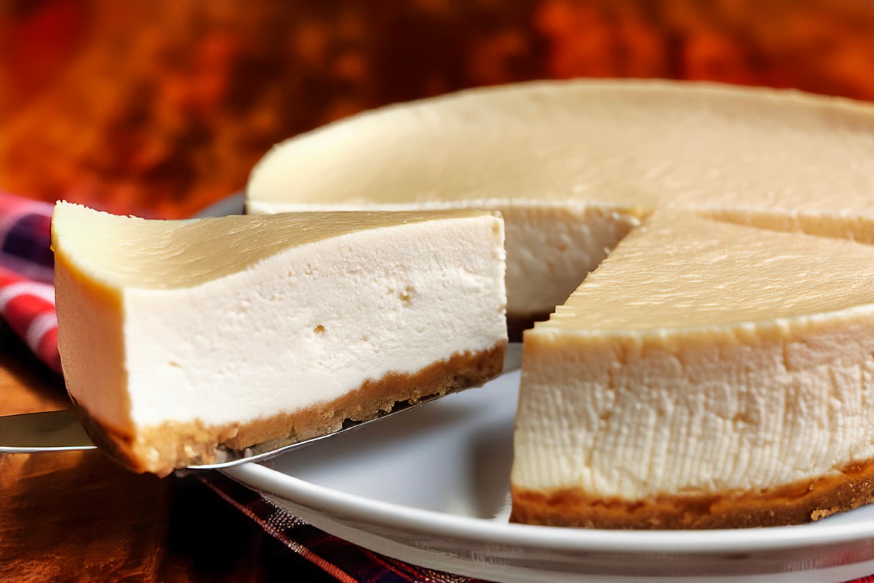 A creamy cheesecake with a golden brown crust sits on a plate, with one slice being lifted out.