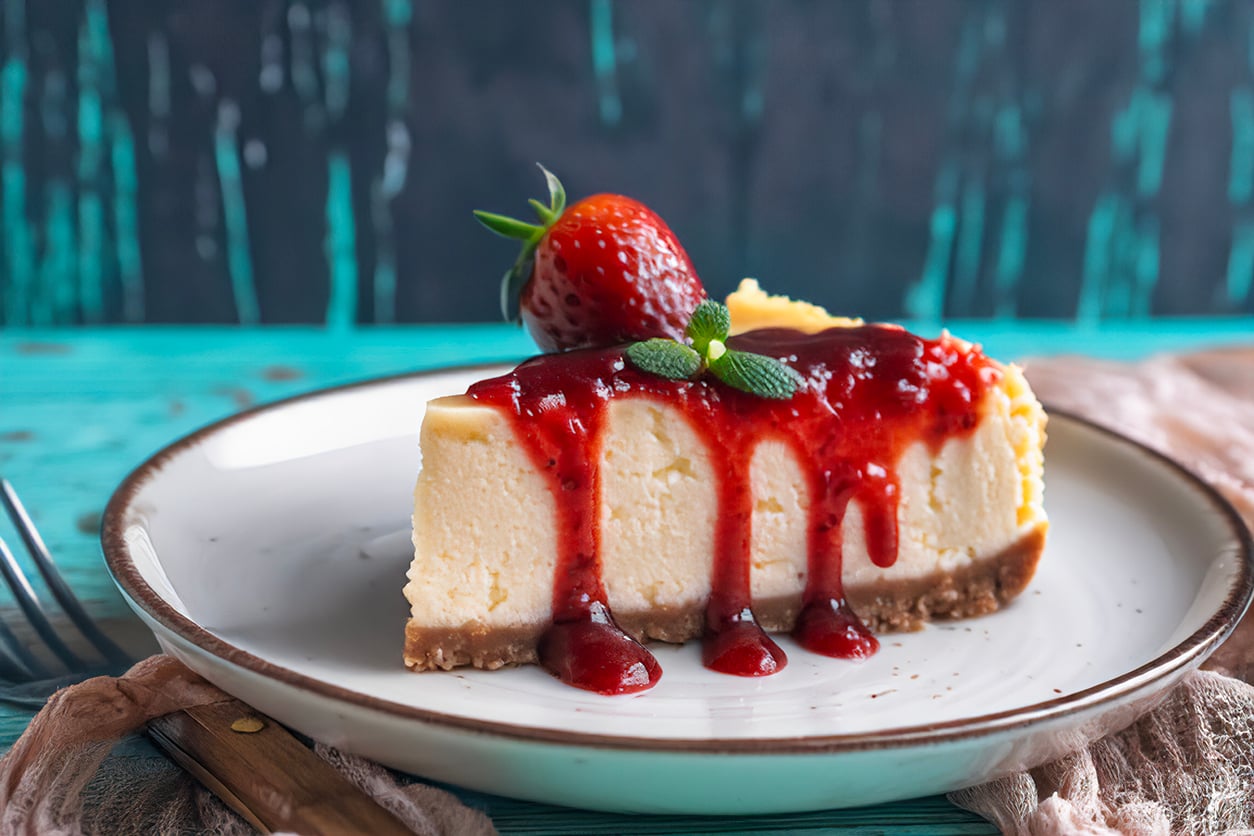 A slice of cheesecake with a graham cracker crust is topped with strawberry sauce, a whole strawberry, and mint leaves on a white plate—a delicious reminder that some Everyday Foods That Used to Be Considered Fancy can now be enjoyed any time.