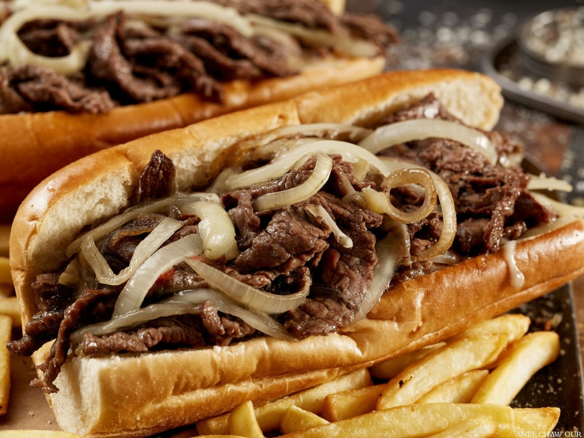 A close-up of a cheesesteak sandwich filled with sliced beef and grilled onions on a hoagie roll, served with a side of golden French fries.