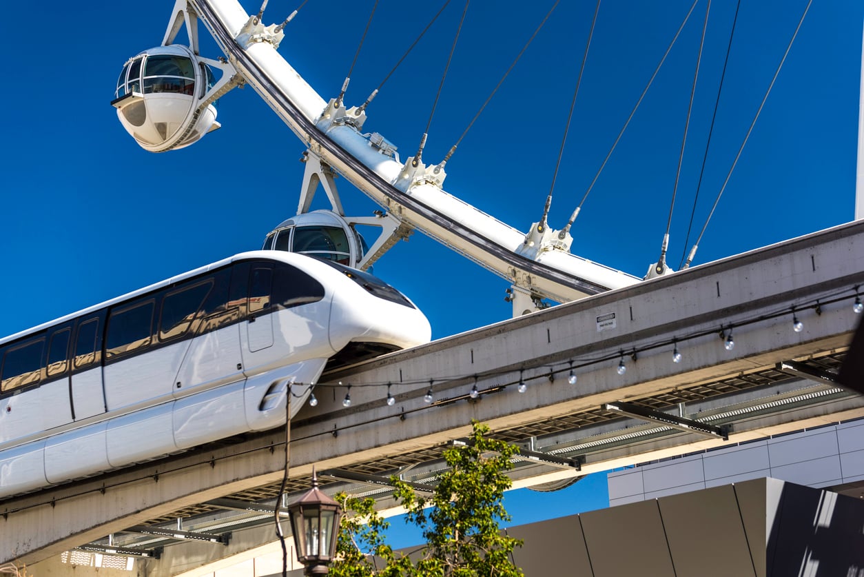 A white monorail passes in front of a Ferris wheel with glass observation pods against a clear blue sky. Some greenery and part of a building are visible at the bottom of the image.