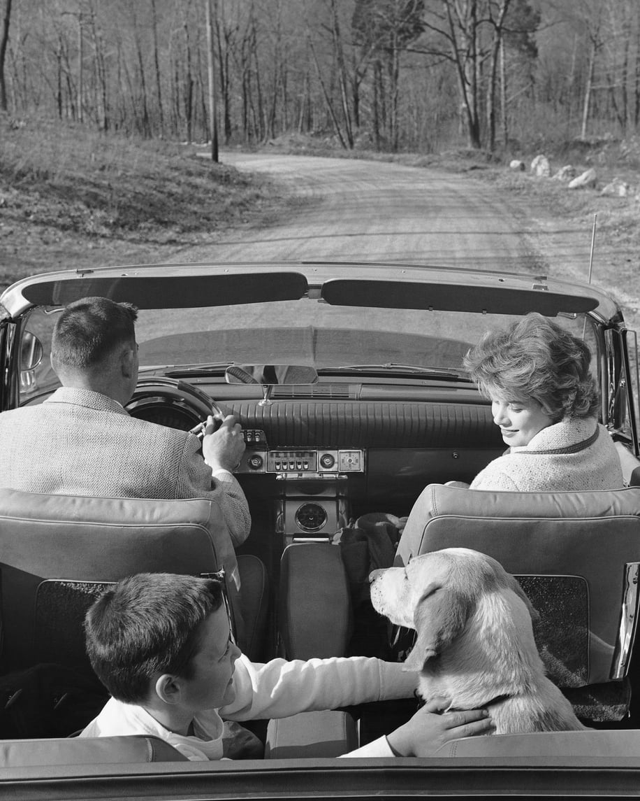 A family of three and a dog ride in a convertible on a country road. The man drives, the woman sits beside him, and a boy in the back pets the dog as they travel through a wooded area.