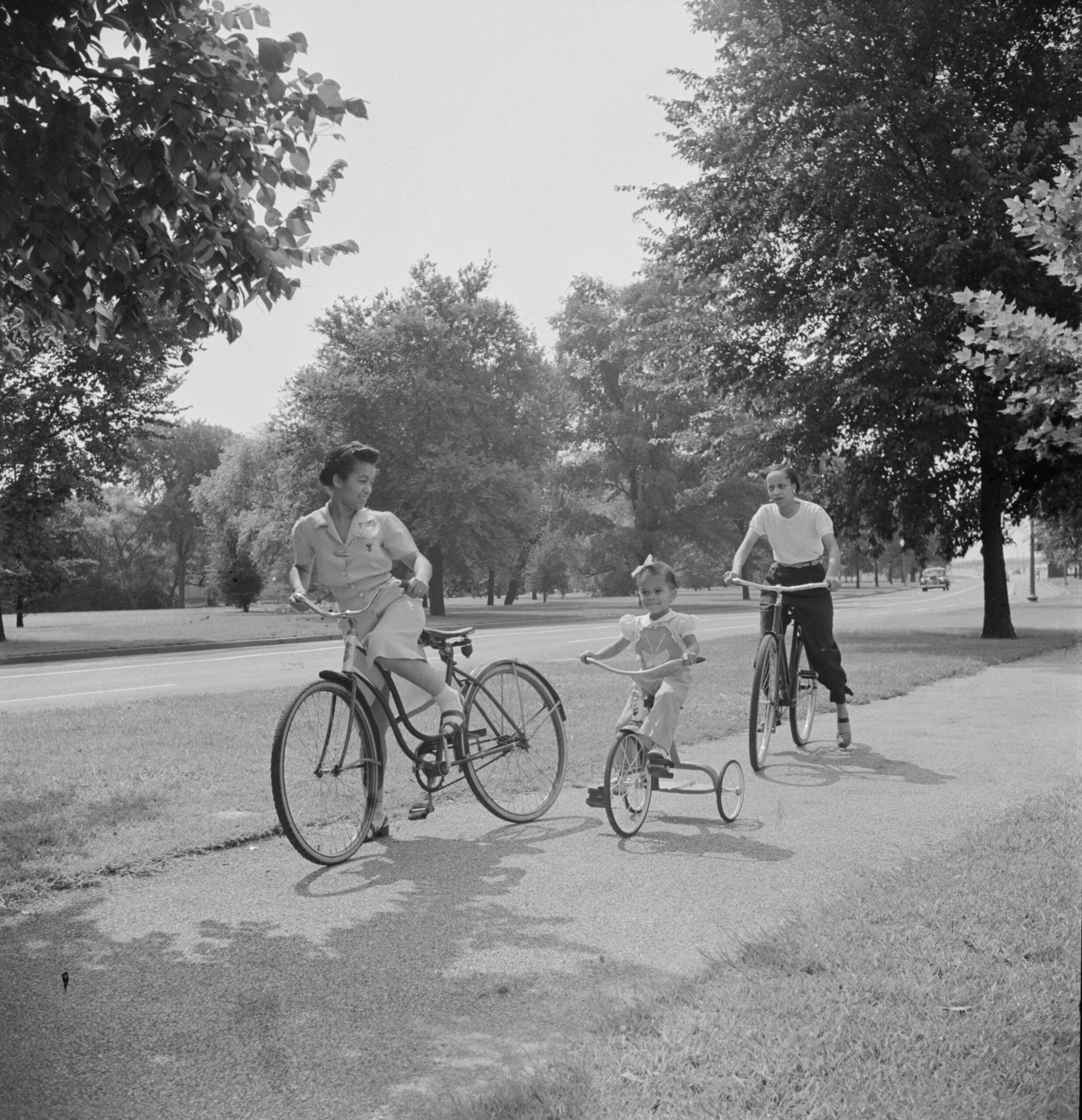 Three people ride bikes on a paved park path: an adult on the left, a child in the center on a tricycle, and another adult on the right. Tall trees provide shade on a bright, sunny day.