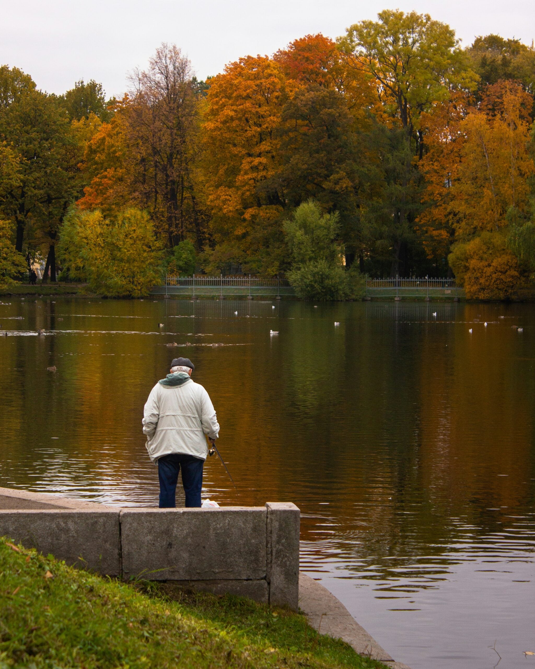 An older adult in a white jacket fishes by a calm lake, enjoying the peaceful moments that come with retirement savings well managed. Trees with autumn leaves in shades of gold, orange, and green are reflected in the water. Ducks swim in the distance under a cloudy sky.