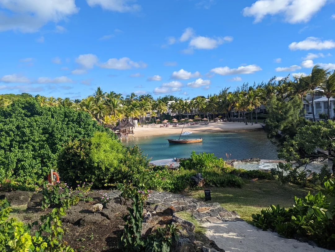 A tropical beach scene with clear blue sky, palm trees, calm water, a small boat, and lounge chairs on the sand captures the essence of Tropical Locations. Lush greenery and flowering plants are in the foreground.