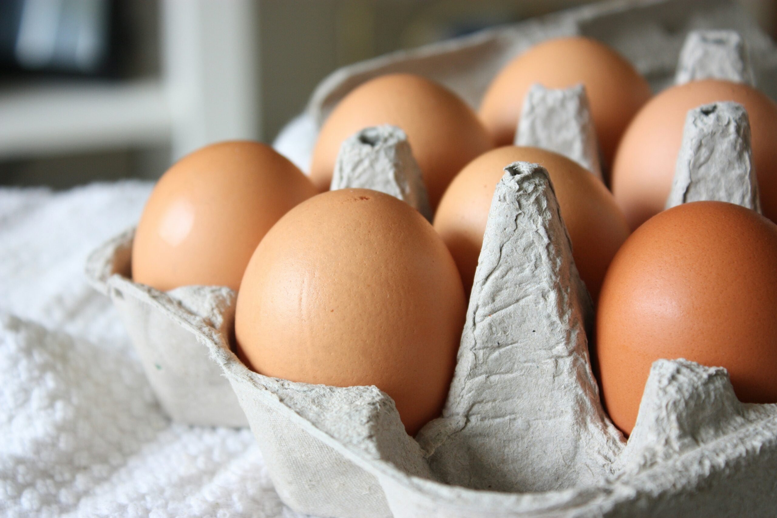 A close-up of brown eggs arranged in a gray cardboard carton, with a white textured cloth partly visible underneath.