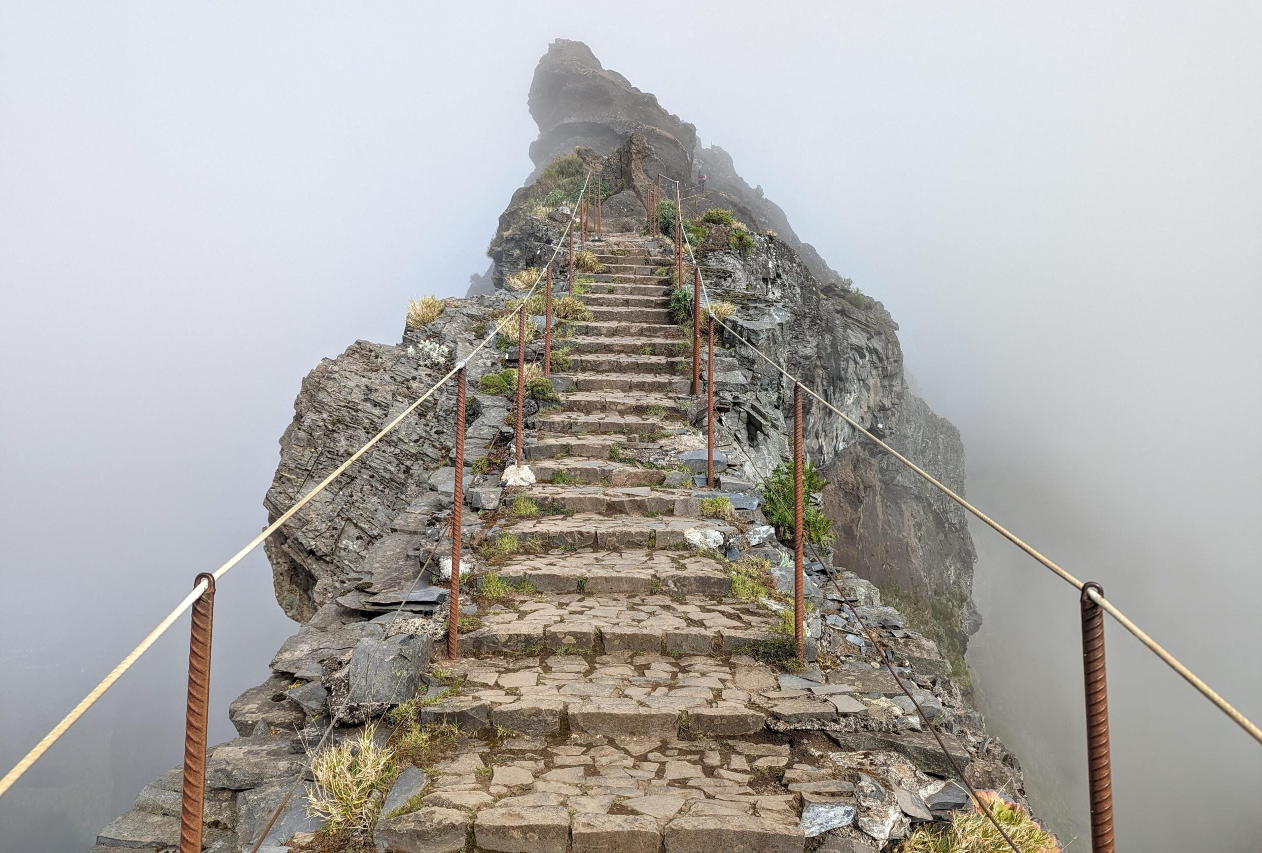 Stone steps with metal railings lead up a jagged mountain ridge into dense fog, with rocky terrain and sparse vegetation on either side of the stairs.