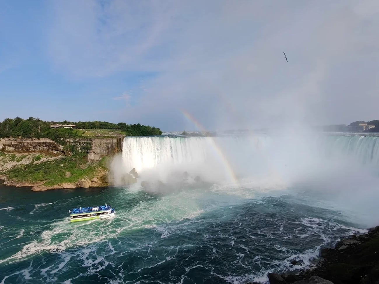 Niagara Falls with mist rising, a rainbow visible, and a tour boat on the blue water near the waterfall. Lush greenery lines the riverbank under a partly cloudy sky.