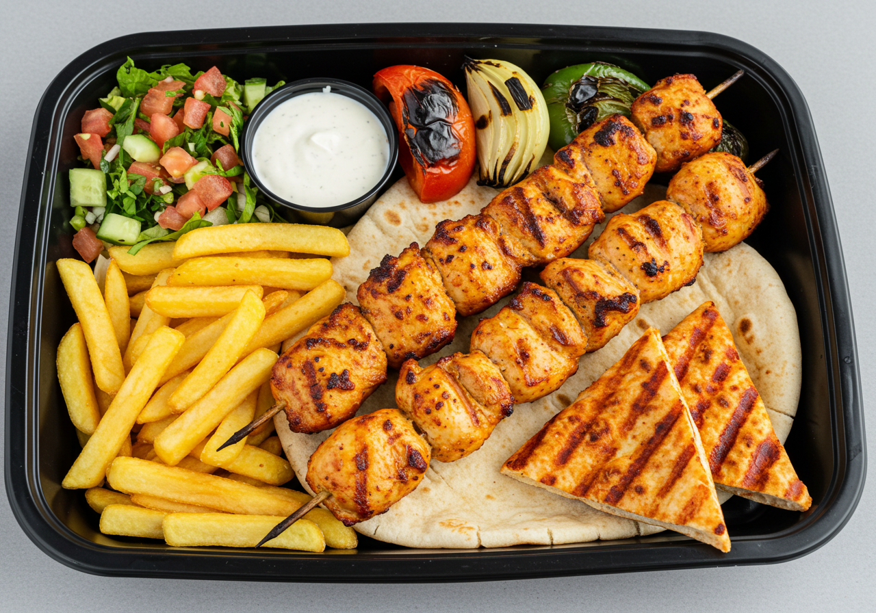 A black takeout container with grilled chicken skewers, pita bread, fries, grilled vegetables, salad, and a cup of white dipping sauce.