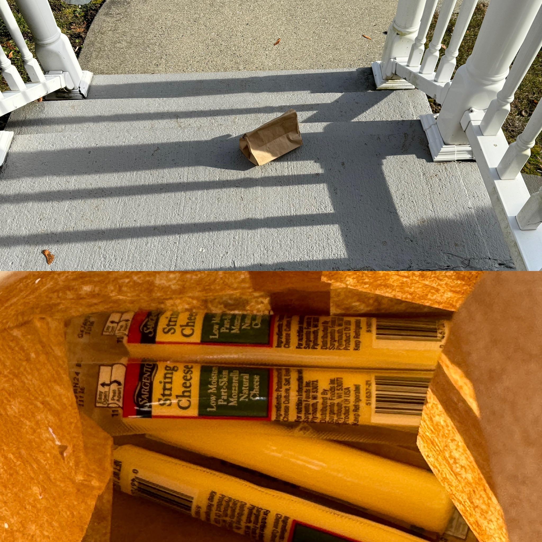 A brown paper bag sits on concrete stairs. Inside the bag are several packaged cheese sticks, visible in a close-up view from above. White railing and a sidewalk are in the background.
