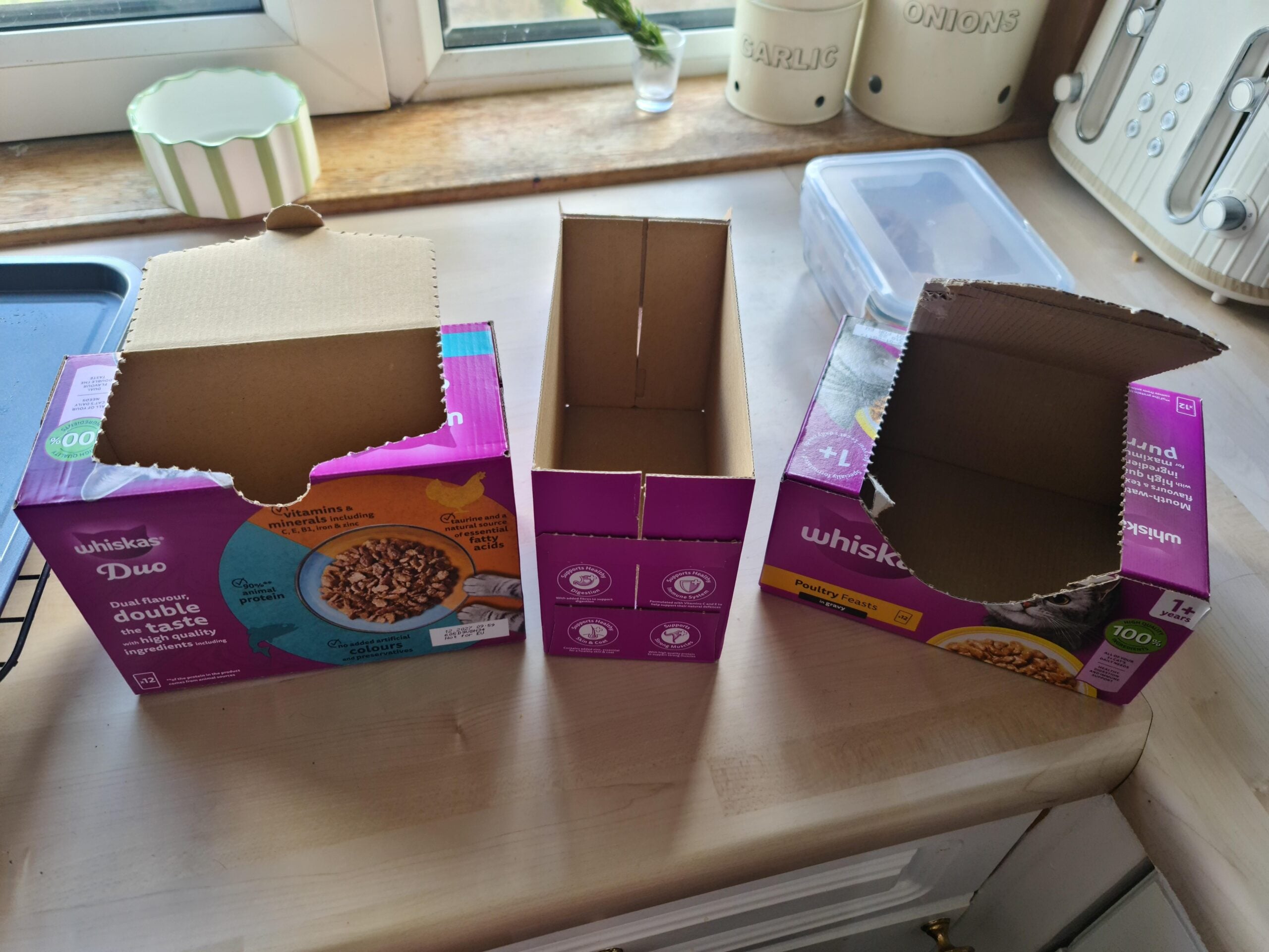 Three opened Whiskas cat food boxes sit on a kitchen counter near a window, with their tops removed in different ways. Behind them are containers labeled “GARLIC” and “ONIONS.”