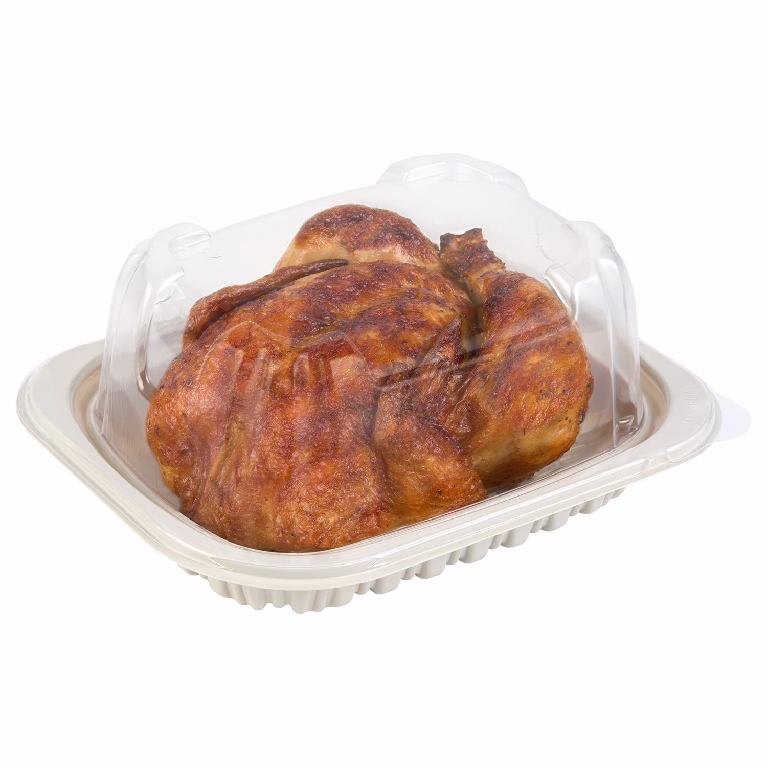 A fully cooked rotisserie chicken in a plastic takeout container with a clear lid, ready for transport or serving. Best Sam’s Club buys on a budget.