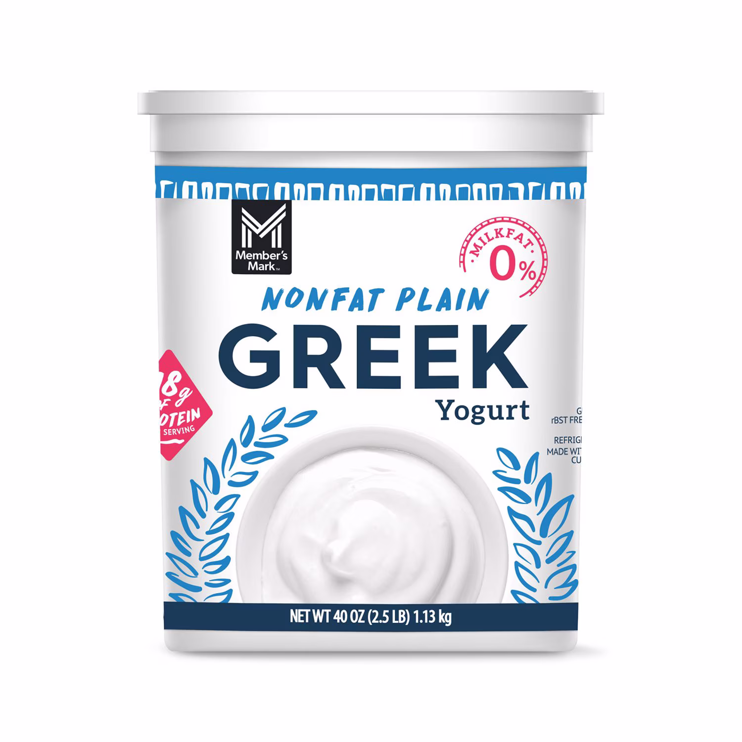 A 40-ounce tub of Member’s Mark Nonfat Plain Greek Yogurt, featuring a blue and white design, leaf accents, and text highlighting 16g protein per serving and 0% milkfat.