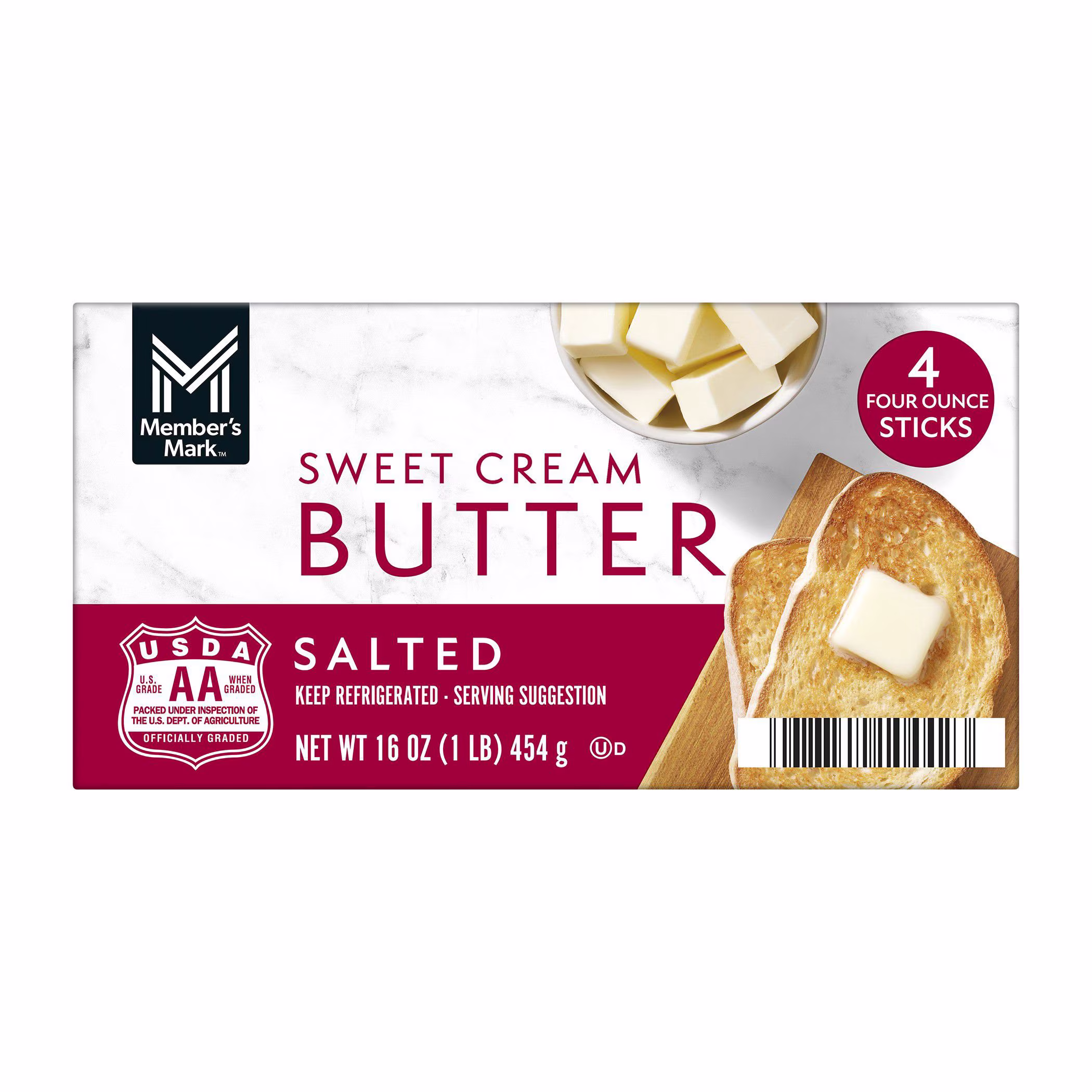 Package of Member’s Mark Sweet Cream Butter, salted, 16 oz. Box shows butter sticks in a bowl and buttered toast. USDA AA grade seal and barcode are visible. Text: “4 four ounce sticks.”