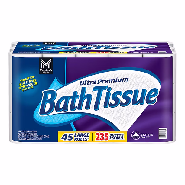 A package of Member’s Mark Ultra Premium Bath Tissue with 45 large rolls, 235 sheets per roll, and septic safe label, in a blue and purple package.