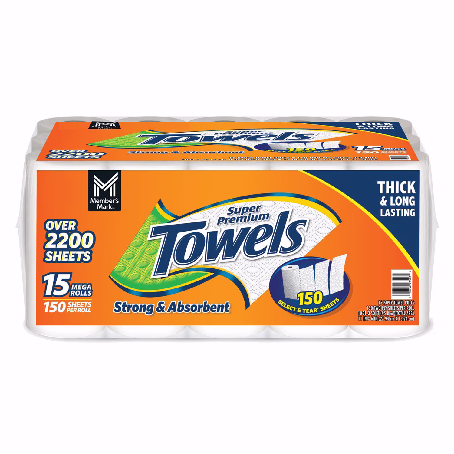 Package of Member’s Mark Super Premium Towels with 15 mega rolls, 150 sheets per roll, totaling over 2200 sheets. Orange and white packaging highlights absorbency and strength. Rolls are shown on the right side.
